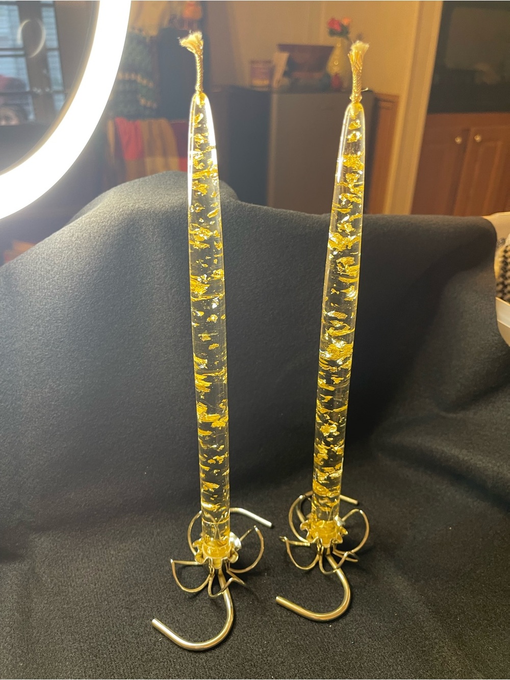 Vintage! Lucite! Gold Flake Taper Candles (Pair) with metal holders.